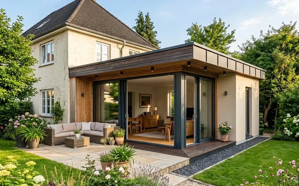 Prefab aanbouw: moderne aanbouw met plat dak en glasgevel verbindt een bestaande woning met de tuin – moduleprijzen 2026 Prefab aanbouw: moderne aanbouw met plat dak en glasgevel verbindt een bestaande woning met de tuin – moduleprijzen 2026