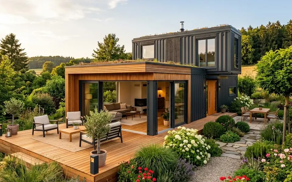 Prefab unitwoning met antracietkleurige gevel, houten vlonder en glazen schuifpui in industriële stijl – kosten 2026 Prefab unitwoning met antracietkleurige gevel, houten vlonder en glazen schuifpui in industriële stijl – kosten 2026