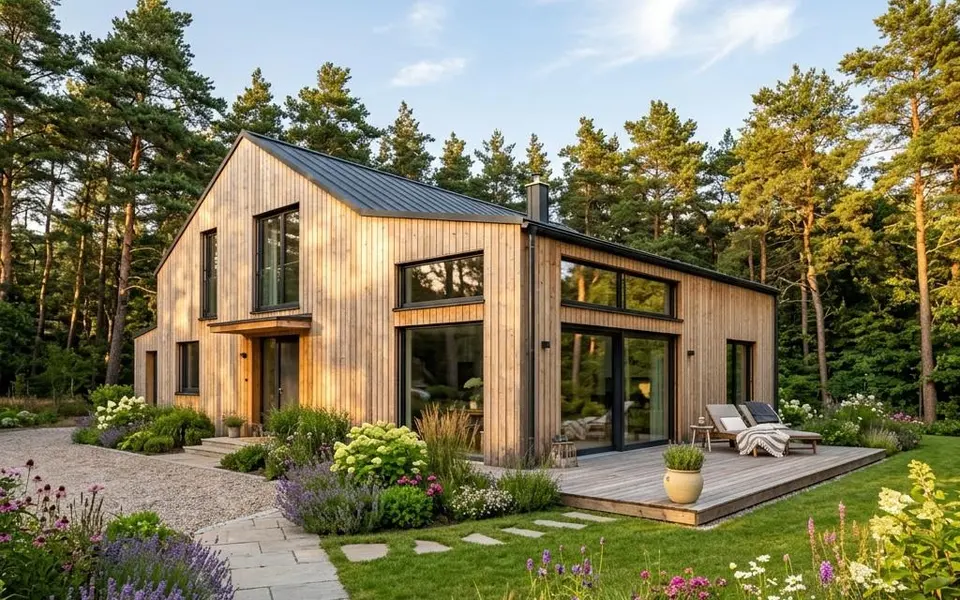 Prefab houten woning in Scandinavische stijl met lichte lariksgevel en grote ramen tussen de dennen – prijzen per m² 2026 Prefab houten woning in Scandinavische stijl met lichte lariksgevel en grote ramen tussen de dennen – prijzen per m² 2026