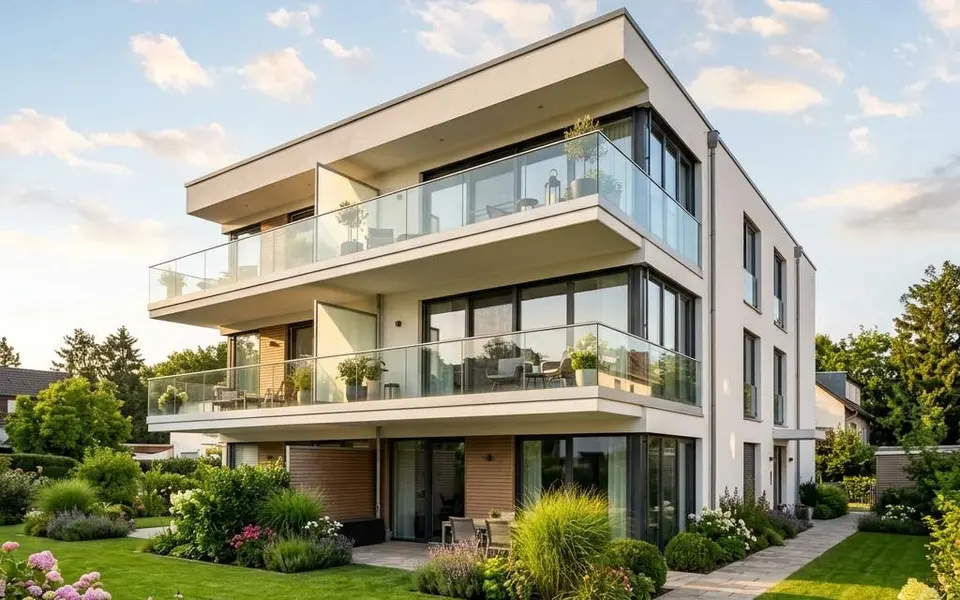 Prefab appartementengebouw: nieuwbouw van drie lagen met glazen balkons en lichte stucgevel – appartementen als belegging 2026 Prefab appartementengebouw: nieuwbouw van drie lagen met glazen balkons en lichte stucgevel – appartementen als belegging 2026