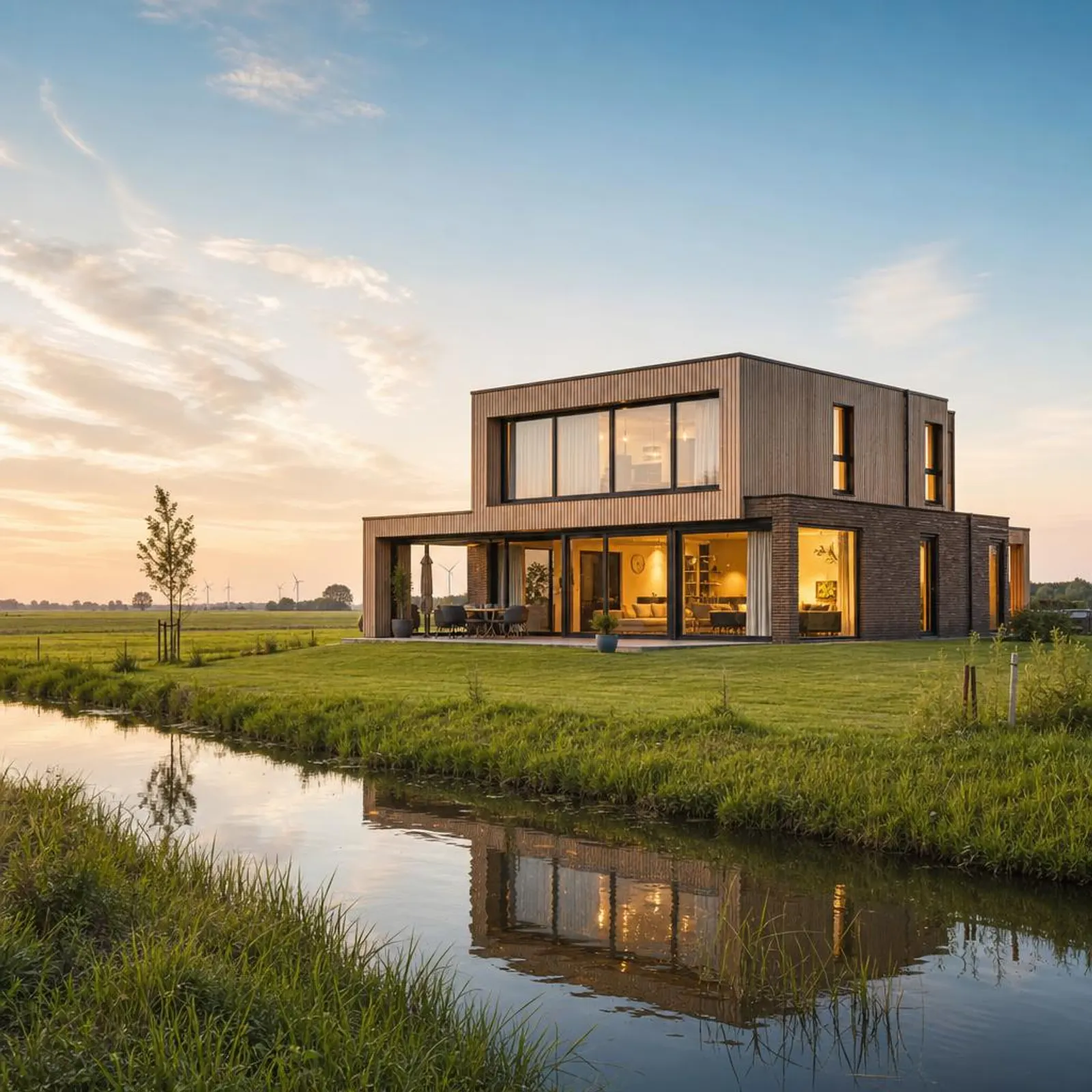 Moderne prefab woning in de avondschemering met veel glas Nieuwgebouwde prefab woning met houten gevel en grote raampartijen in warm avondlicht – inspiratie voor je prefab huis op prefab-huis.com