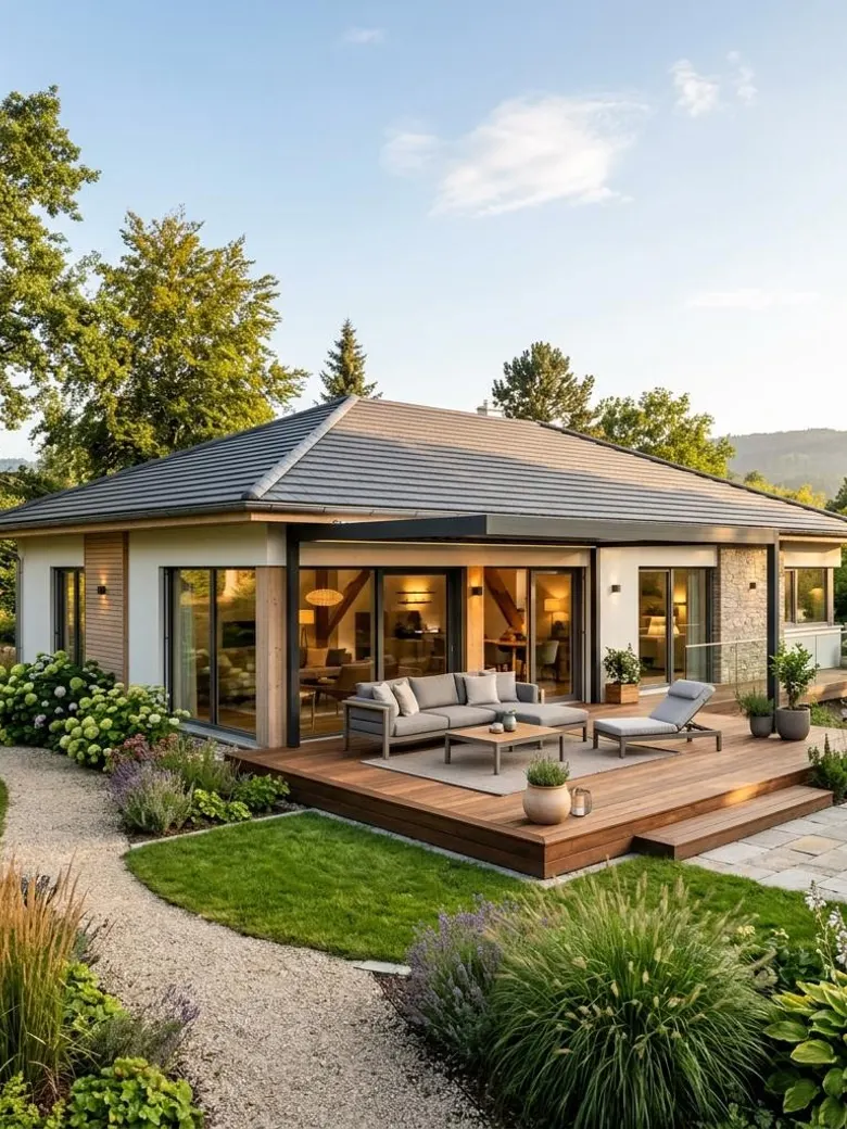 Prefab bungalow: prijzen en bouwkosten vergelijken Kosten prefab bungalow vergelijken – luxe gelijkvloerse prefab woning met zonneterras en verzorgde tuin